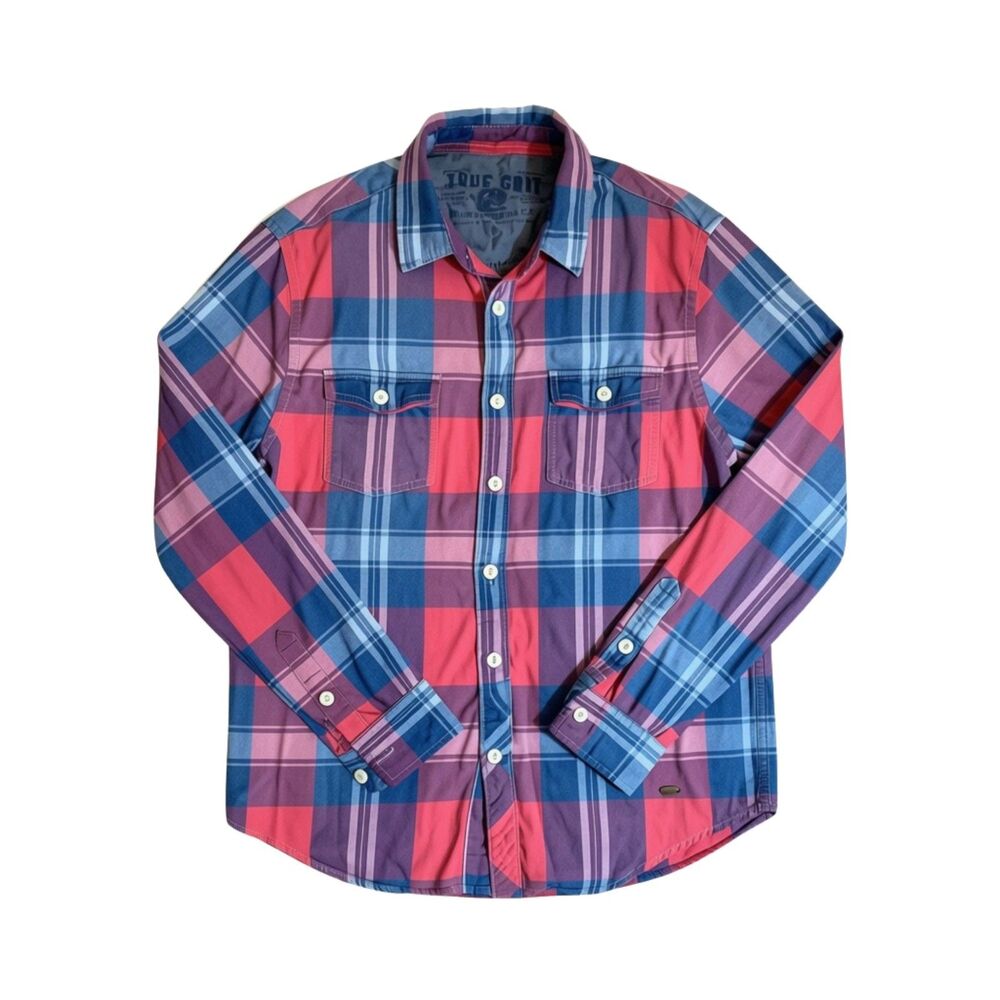 True Grit Men's Plaid Long Sleeve Shirt Size Medium Coral Red Blue Button Down